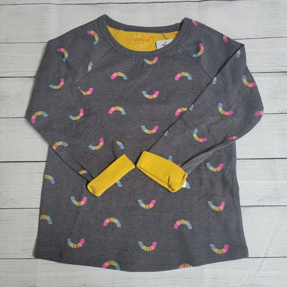Cat & Jack Double-Knit Long Sleeve Shirt Girls Size Medium (7/8) Gray Rainbow